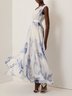 Blue Printing Asymmetric Chiffon One Shoulder Short Sleeve A-Line Maxi Dress