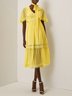 Yellow Lace Bow Chiffon V Neck Half Sleeve Raglan Sleeves A-Line Midi Dress