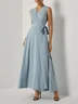 Light Blue Bow Linen Wrap V Neck Sleeveless A-Line Maxi Dress