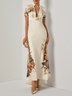 Beige Floral Satin Deep V Neck Short Sleeve Mermaid Gown Dress