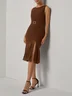 Brown Pleated Slit Classic Boat Neck Sleeveless Mermaid Midi Dress