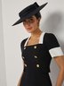 Black Buckle Blazer Square Neck Short Sleeve Sheath Midi Dress