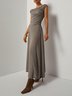 Khaki Lyocell Wool Ruched Knit Off The Shoulder Sleeveless A-Line Maxi Dress