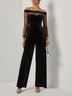Women Velvet Black Mesh Off The Shoulder Long Sleeve Dressy Jumpsuit