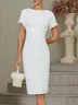 White Imitation Pearls Knot Front Classic Boat Neck Short Sleeve Sheath Midi Dress