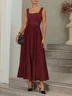 Wine Red Pleated Classic Square Neck Sleeveless A-Line Maxi Dress