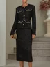Women Black Tweed Beaded Crew Neck Long Sleeve Dressy Coat With Skirt Two-Piece Set