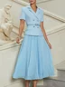 Women Light Blue Tweed Pleated Buckle Lapel Collar Short Sleeve Dressy Top With Skirt Two-Piece Set