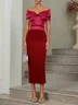 Wine Red Velvet Off The Shoulder Short Sleeve Sheath Maxi Dress