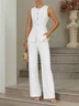 Women White Buckle Crew Neck Sleeveless Dressy Top With Pants Two-Piece Set