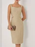 Golden Buckle Pocket Stitching Tweed Spaghetti Sleeveless Sheath Midi Dress