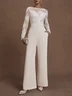 Women Apricot Lace Beaded Boat Neck Long Sleeve Regular Sleeve Dressy Jumpsuit