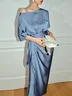 Blue Short Sleeve Satin A-Line Tie Waist Midi Dress