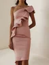Pink One-Shoulder Ruffled Sheath Midi Dress 