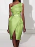 Green Ruched One Shoulder Sleeveless Sheath Midi Dress
