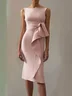 Pink Ruched Boat Neck Sleeveless Sheath Midi Dress