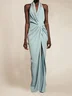 Blue Halter Rhinestones Knot Front Slit Sheath Gown Maxi Dress 