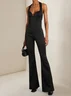 Women Black Halter Sleeveless Backless Wide-Leg Jumpsuit With Bras