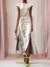 Silver Light Gray Satin Floral Embroidered Cap Sleeve Slit A-Line Maxi Mother of the Bride or Groom Dress