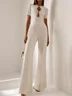 Women White Cut Out Short Sleeve Rheinstone Wide-Leg Jumpsuit 