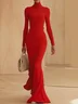 Red High Neck Long Sleeve A-Line Maxi Wool Sweater Dress