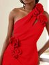 Red 3D Floral One-Shoulder Sheath Midi Dress