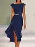 Pink Asymmetrical Neck Cap Sleeve Rhinestone A-Line Midi Dress 
