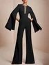 Women Black Rhinestone Split Bell Sleeve Wide-Leg Jumpsuit