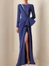 Navy Blue Cut Out Ruched Long Sleeve Slit A-Line Gown Maxi Dress
