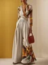 Women Light Khaki Floral V Neck Long Sleeve Wide-Leg Jumpsuit