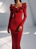 Red 3D Floral Long Sleeve Sheath Maxi Dress