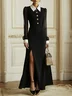 Black Mesh Collared Long Puff Sleeve Slit A-Line Blazer Maxi Dress
