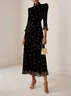 Black Beaded Ruffled Mock Neck Three Quarter Sleeve A-Line Maxi Velvet Dress