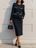 Women Black Tweed Beaded Crew Neck Long Sleeve Two-Piece Set