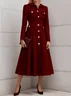 Burgundy Buckle Tweed Pointed Collar Long Sleeve A-Line Midi Dress