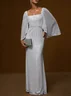 Silver Rhinestone Sequin Square Neck Three Quarter Sleeve Sheath Gown Dress