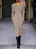 Khaki Buckle Off The Shoulder Long Sleeve Sheath Midi Sweater Dress