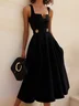 Black Buckle Notched Sleeveless A-Line Midi Dress