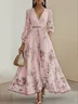 Pink Pleated Floral Chiffon V Neck Long Sleeve Balloon Sleeve A-Line Maxi Dress