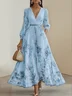 Light Blue Pleated Floral Chiffon V Neck Long Sleeve Balloon Sleeve A-Line Maxi Dress