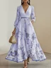 Lavender Purple Pleated Printing Chiffon V Neck Long Sleeve Balloon Sleeve A-Line Maxi Dress