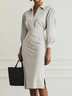Light Gray Ruched Classic Shirt Collar Long Sleeve Sheath Midi Dress