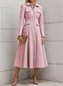Pink Buckle Tweed Pointed Collar Long Sleeve A-Line Midi Dress