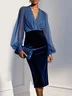 Purplish Blue Mesh Split Joint Balloon Sleeve Sheath Midi Velvet Dress