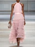 Pink Peplum Tiered Chiffon Halter Sleeveless A-Line Maxi Dress