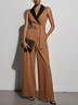 Yellow Brown Shawl Collar Sleeveless Wide-Leg Jumpsuit With Belt