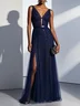 Purplish Blue Mesh Hotfix Embellished Classic V Neck Sleeveless Sheath Maxi Dress
