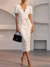 White Bow Lace V Neck Short Sleeve Sheath Midi Dress