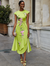 Green Floral Embroidered Cap Sleeve Slit Sheath Maxi Dress