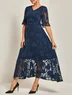 Purplish blue Lace Lace V Neck Short Sleeve A-Line Midi Dress